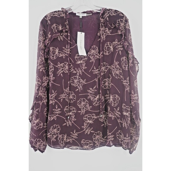 Calvin Klein Sz XL Burgundy Ruffled Floral Long Sleeve Surplice Neckline Blouse - Picture 2 of 11